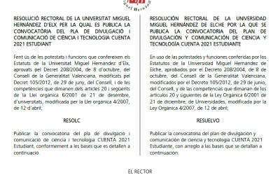 CONVOCATORIA DEL PLAN DE DIVULGACIÓN Y COMUNICACIÓN DE CIENCIA Y TECNOLOGÍA CUENTA 2021 ESTUDIANTE